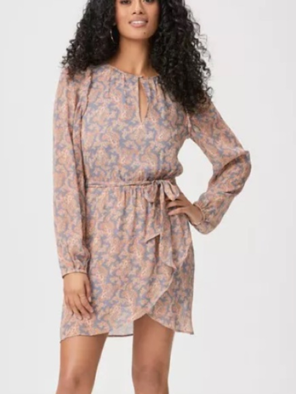 PAIGE grey and tan silk Long Sleeve Dress.  (Salton sea multi). NWT